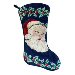 Vintage Needlepoint Santa Claus Christmas Stocking With Velvet Back 17"L Holiday